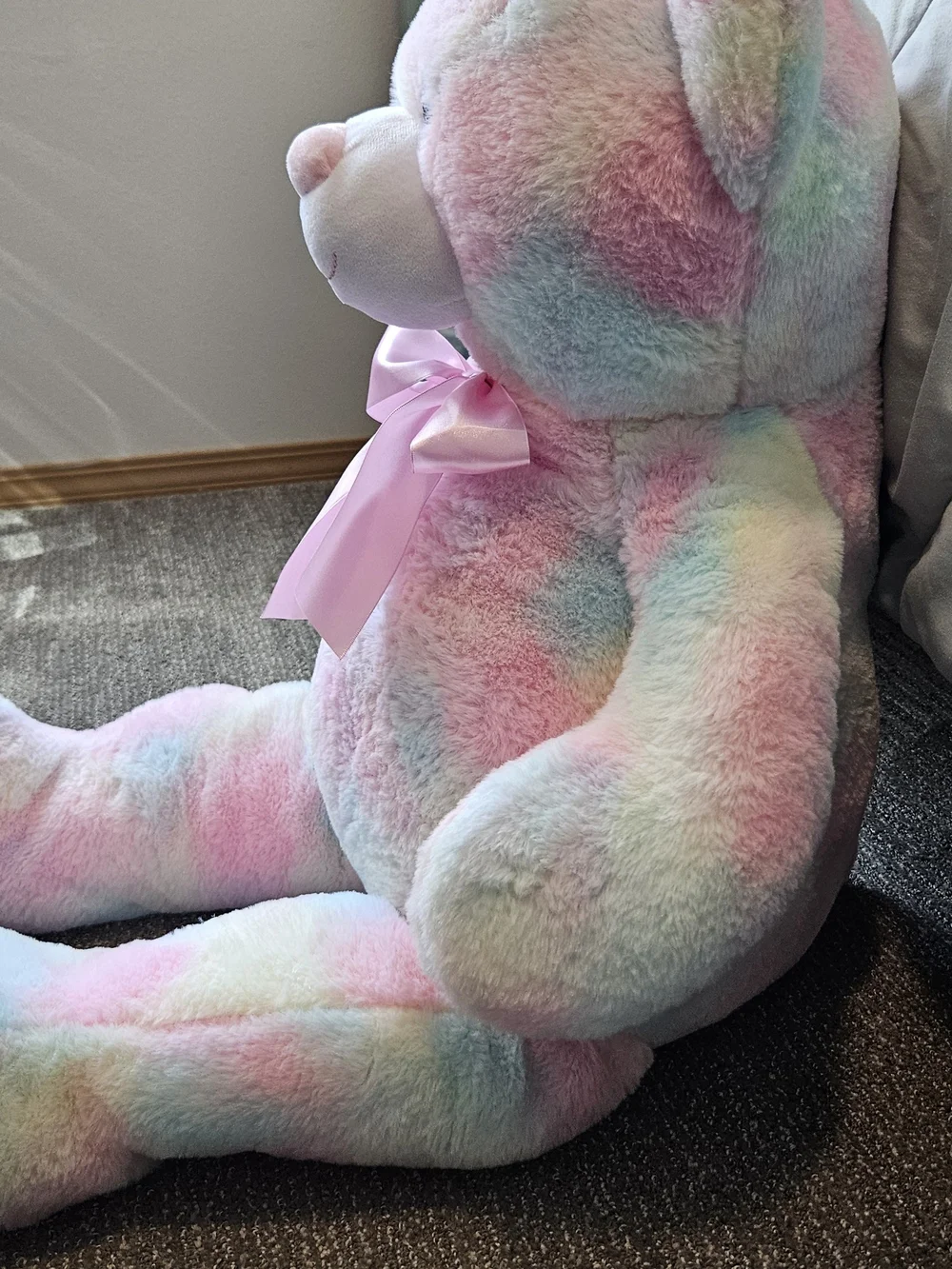 Plush Pastel Rainbow Teddy Bear with Pink Bow - Soft Multicolor Cuddly Toy